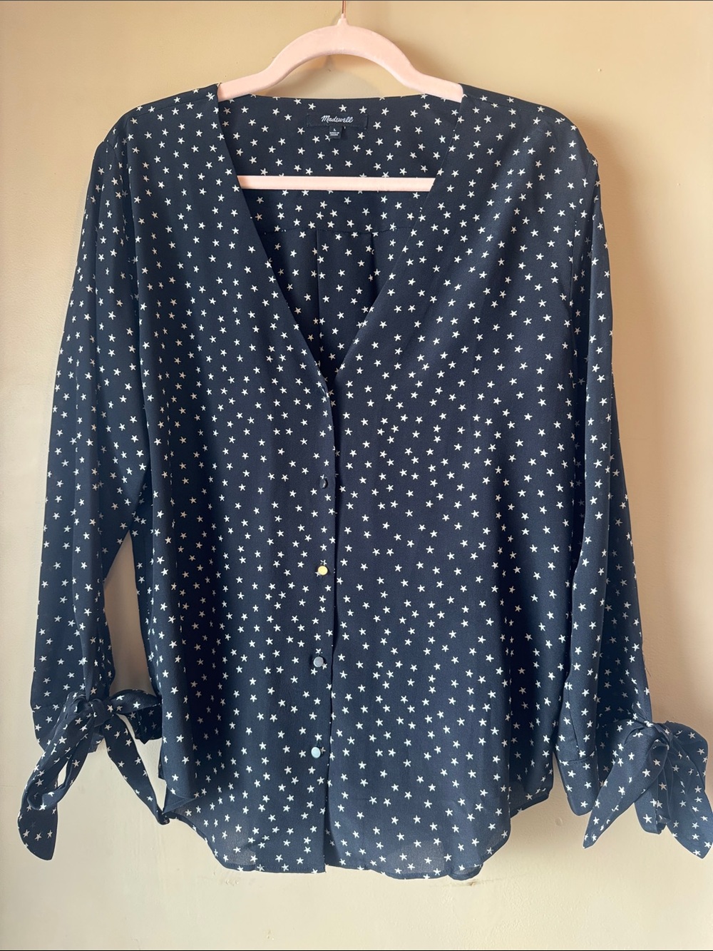 Madewell Black Silk Star-Print Button-Front Blouse with Tie Sleeves